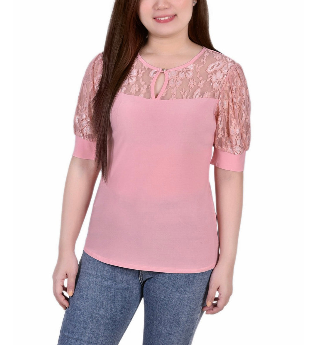 NY Collection Women's Petite Puff Sleeve Lace Top Mellow Rose Size PM