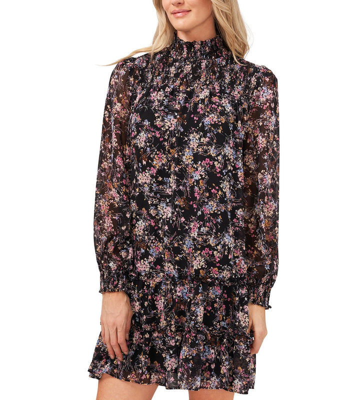 Cece Women's Long Sleeve Mock Neck Floral-Print Smocked Dress Black Size S
