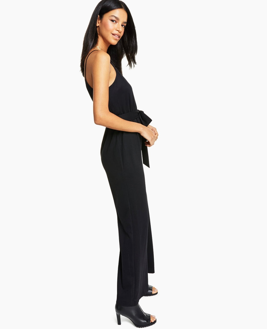 Bar III Women's Scoop Neckline Belted Wide-Leg Jumpsuit Black Size M