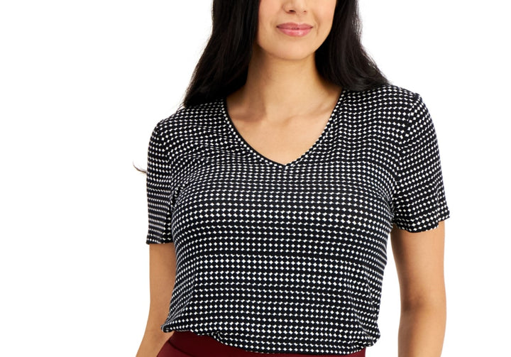 Alfani Women's Short Sleeve V-Neck T-Shirt Black Talla Geometric Size L