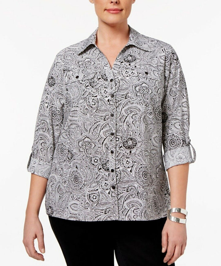 NY Collection Women's Plus Size Utility Blouse Night Whisper Buttons