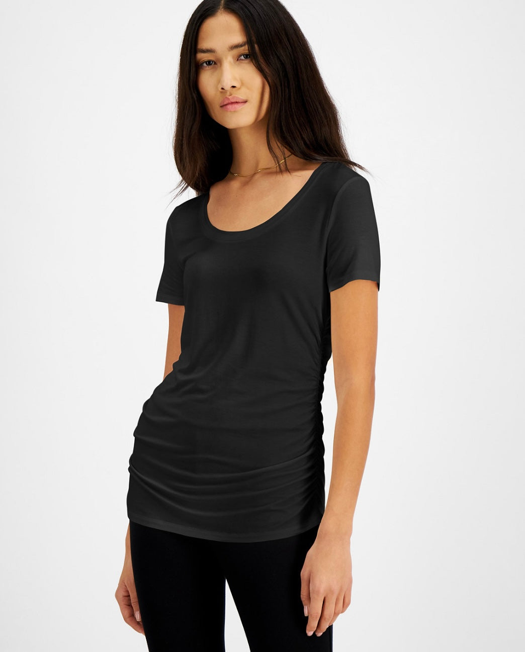 INC International Concepts Women's Scoop Neck Ruched T-Shirt Deep Black Size XS