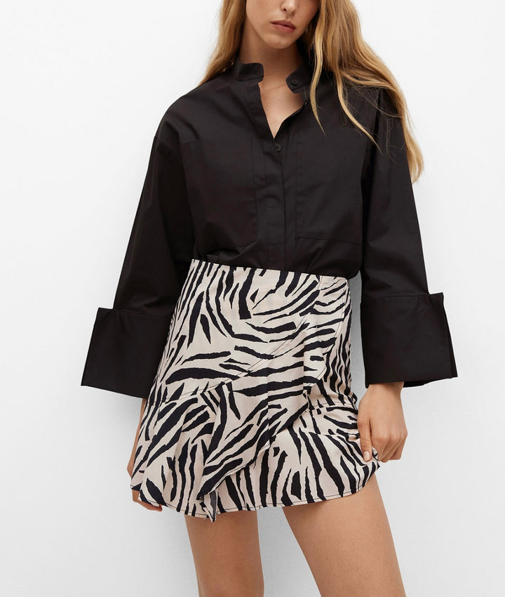 Mango Women's Cotton Frill Detail Ruffled Printed Miniskirt Beige/Black Size XL