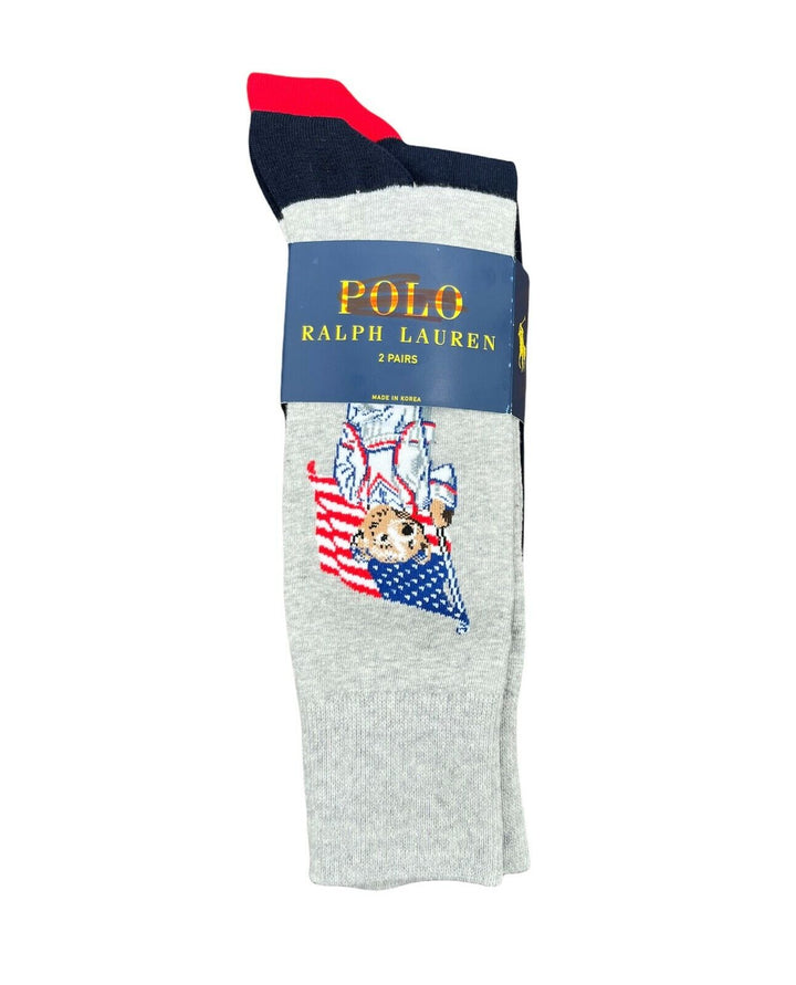 Polo Ralph Lauren Men's Socks Polo Bear Dress Flag Grey Navy 2 Pairs