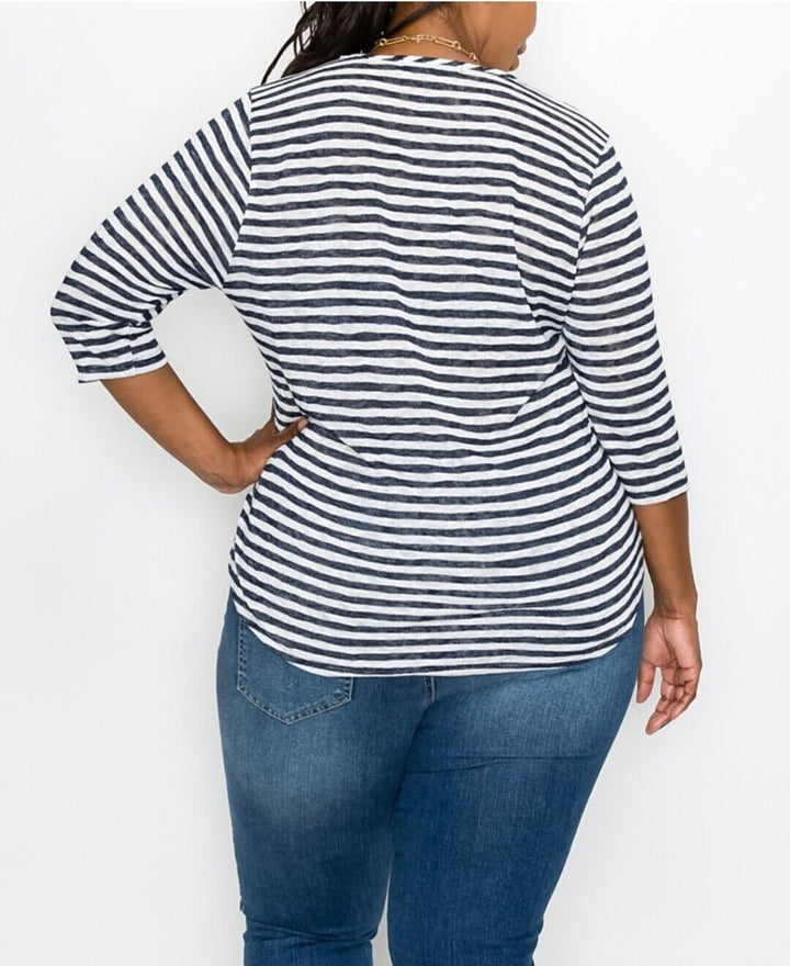 Women's Plus Size Stripe V-Neck Henley Top 3/4 Sleeve