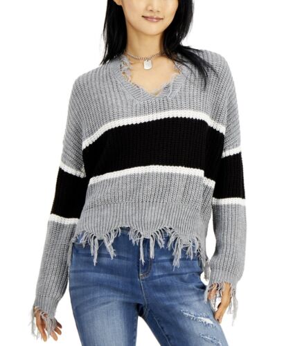Just Polly Juniors' Striped Destructed V-Neck Sweater Heather Grey Stripe XS