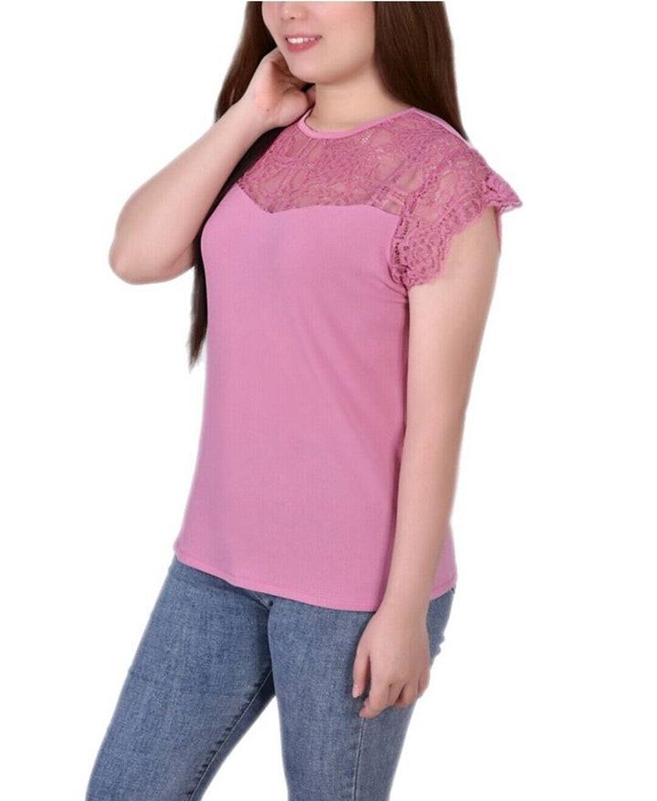 NY Collection Women's Crepe Knit Top with Lace Flanged Sleeve and Yoke