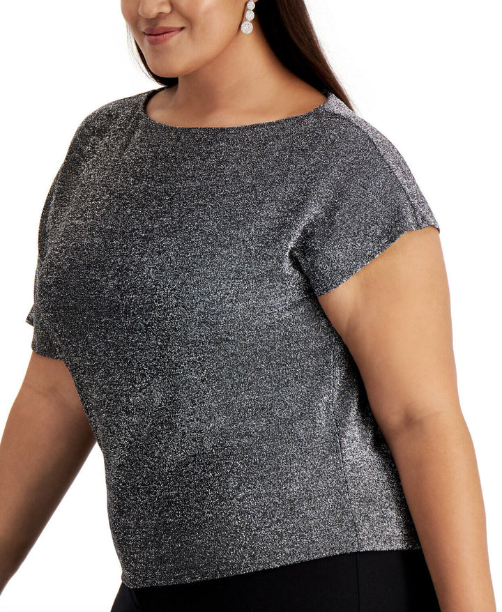 Women's Plus Size Metallic Asymmetrical-Sleeve Top
