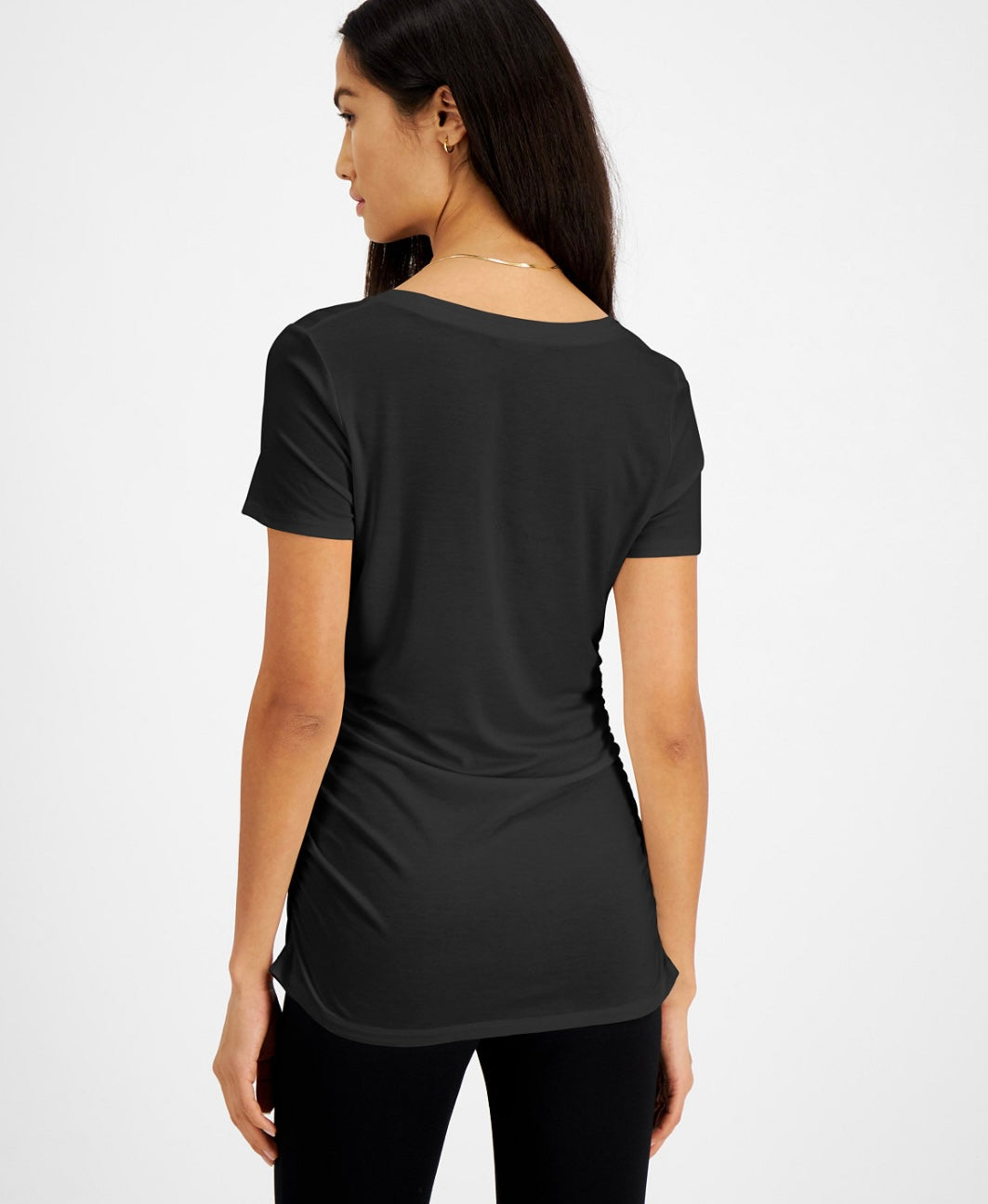 INC International Concepts Women's Scoop Neck Ruched T-Shirt Deep Black Size XS