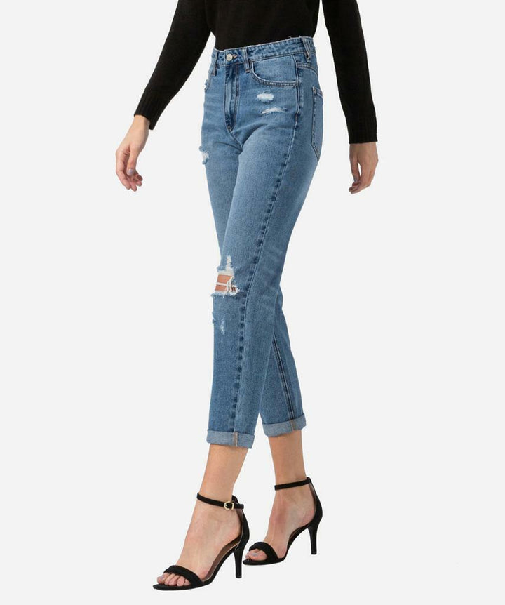 Women's Distressed Rolled Up Mom Jeans Blue