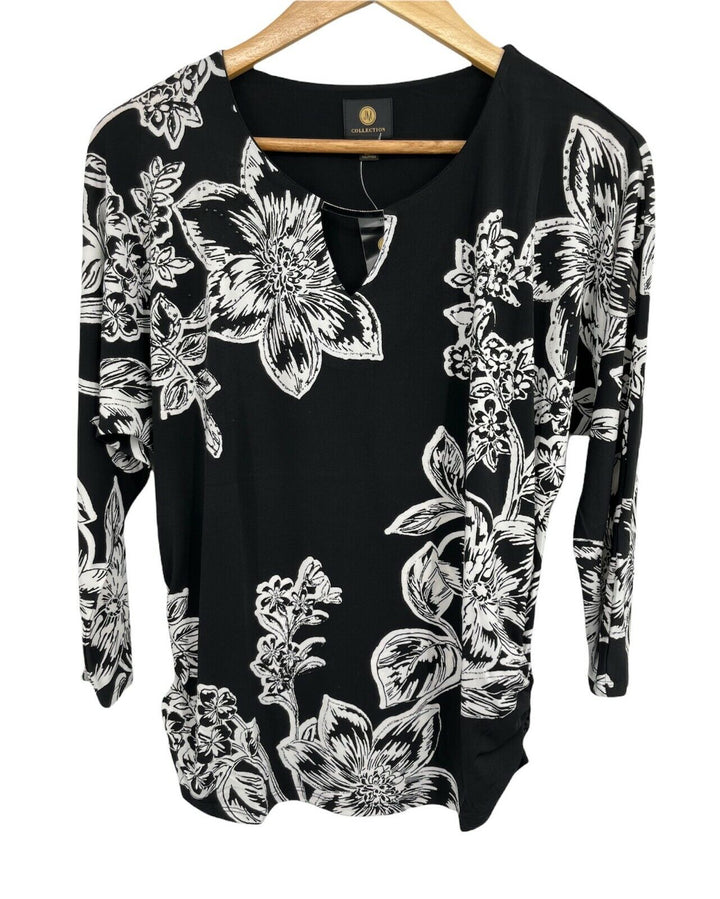 JM Collection Women's 3/4 Sleeve Black Floral V-Neck Stretch Size S