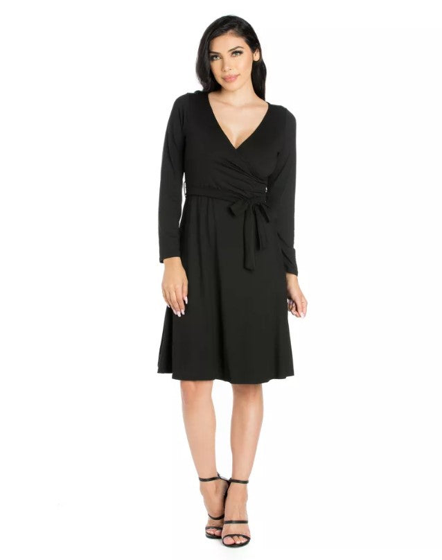 24Seven Comfort Apparel Women's Long Sleeve V-Neck Dress Black Size L