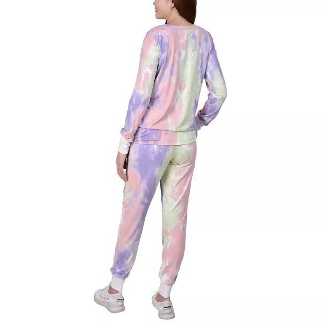 NY Collection Women's Long Sleeve Tie Dyed Jogger 2 Pc Set