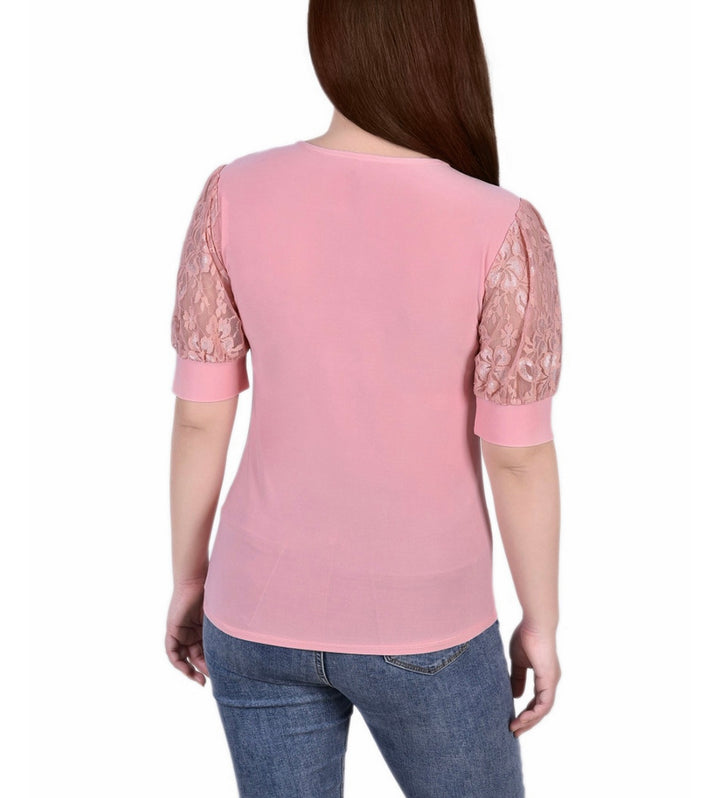 NY Collection Women's Petite Puff Sleeve Lace Top Mellow Rose Size PM