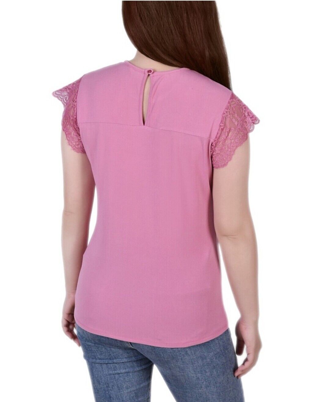 NY Collection Women's Crepe Knit Top with Lace Flanged Sleeve and Yoke