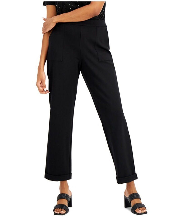 Women's Petite Cuffed Straight-Leg Pants Black Elastic Waist Pockets