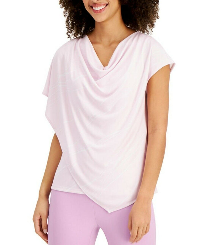 Women's Asymmetrical Draped Top Pink Linear Breeze Short Sleeve