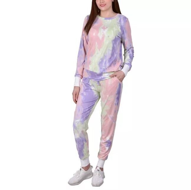 NY Collection Women's Long Sleeve Tie Dyed Jogger 2 Pc Set