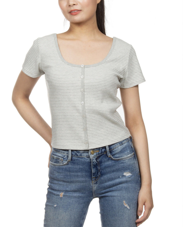 Juniors Ribbed Striped Top Grey Ivory Stripe