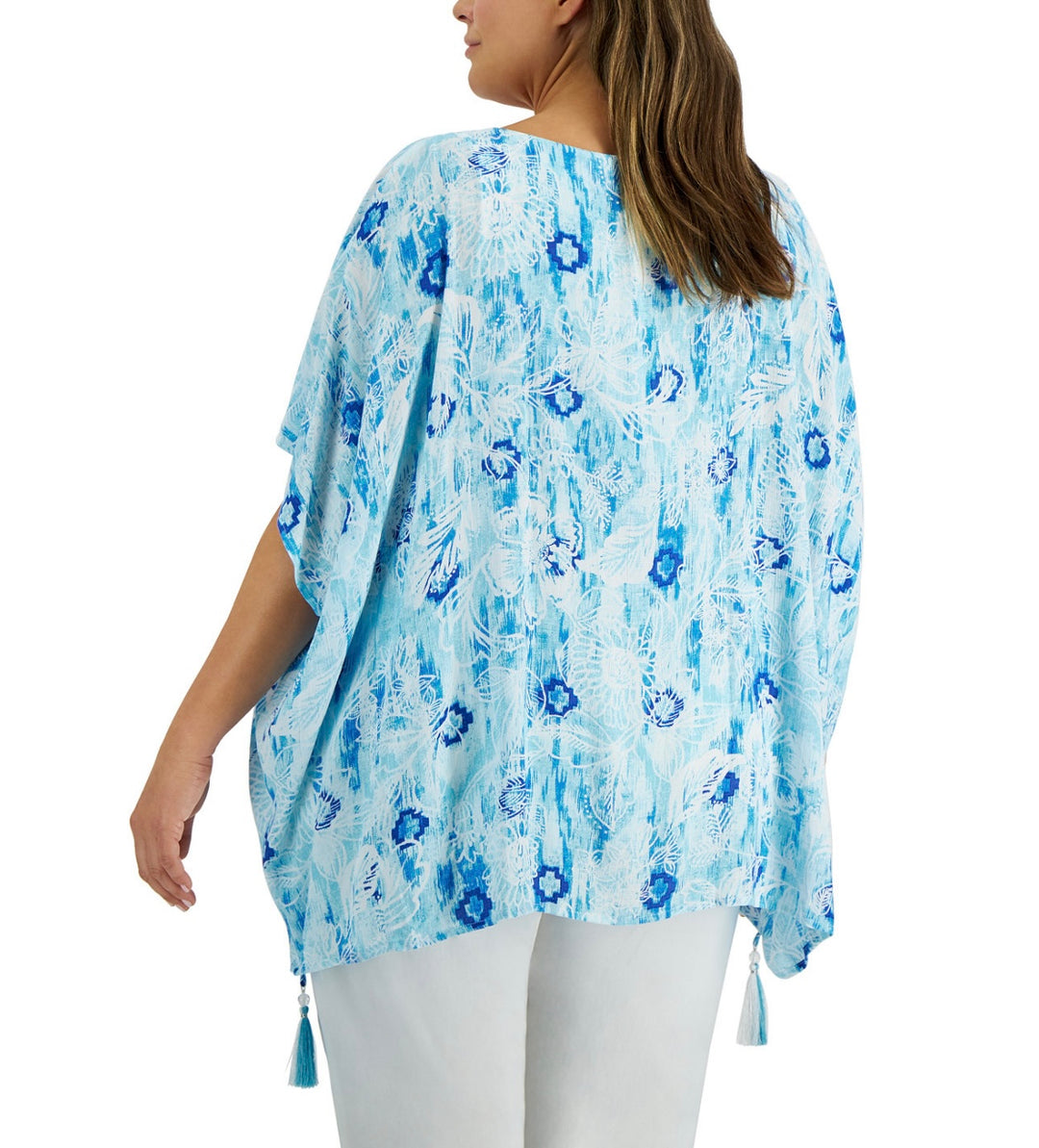 JM Collection Women's Printed Gauze Poncho Top Seaform Blue Plus Size 2X