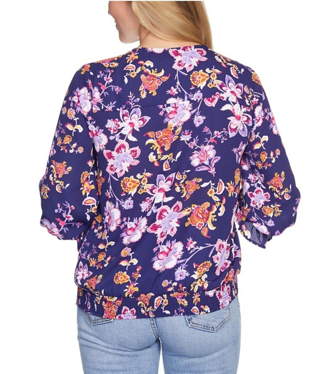 Women's Smocked Hem Long Sleeve Blouse V-Neck Floral