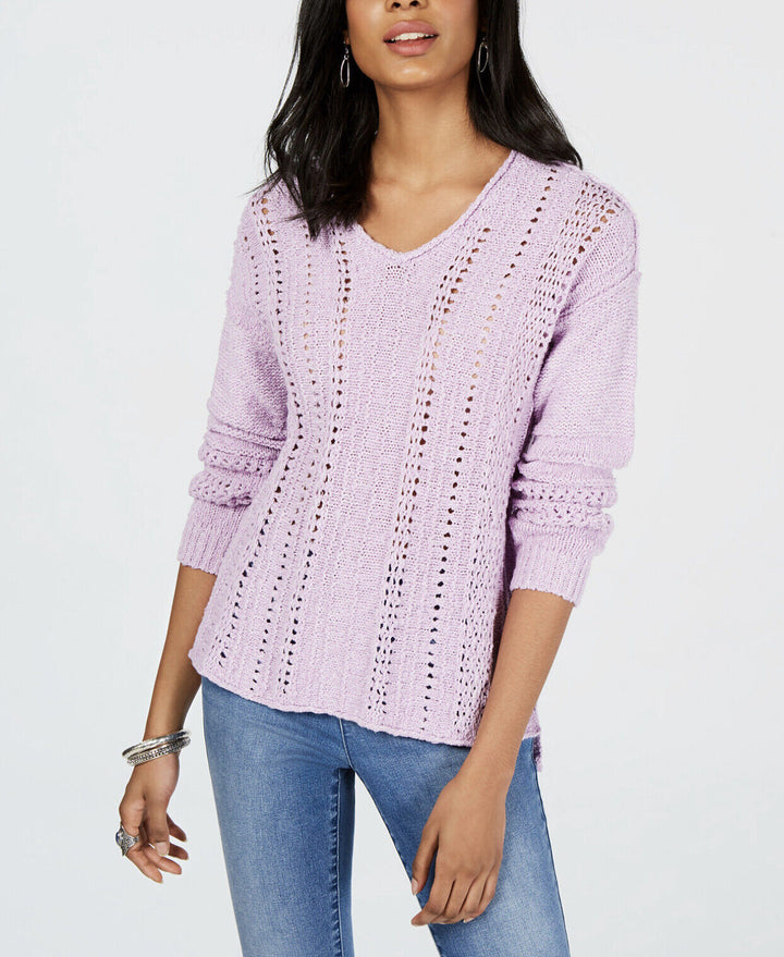 Women's V-Neck Pointelle Long Sleeve Sweater