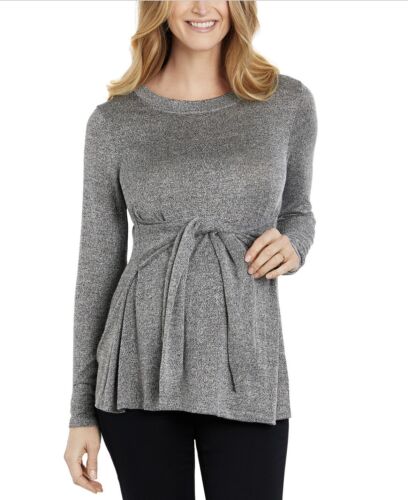 Motherhood Maternity Blouse Long Sleeve Tie Front Top Grey Crewneck