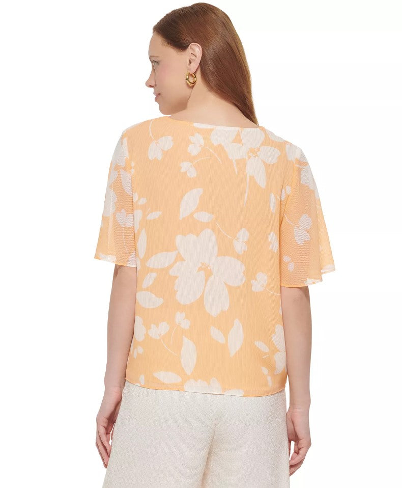 Calvin Klein Women's V-Neck Short Sleeve Floral Blouse Orange Size M