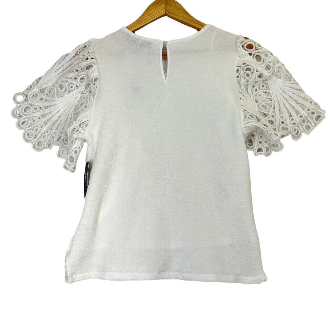 Women's White Blouse Short Sleeve Stretch Embroidered