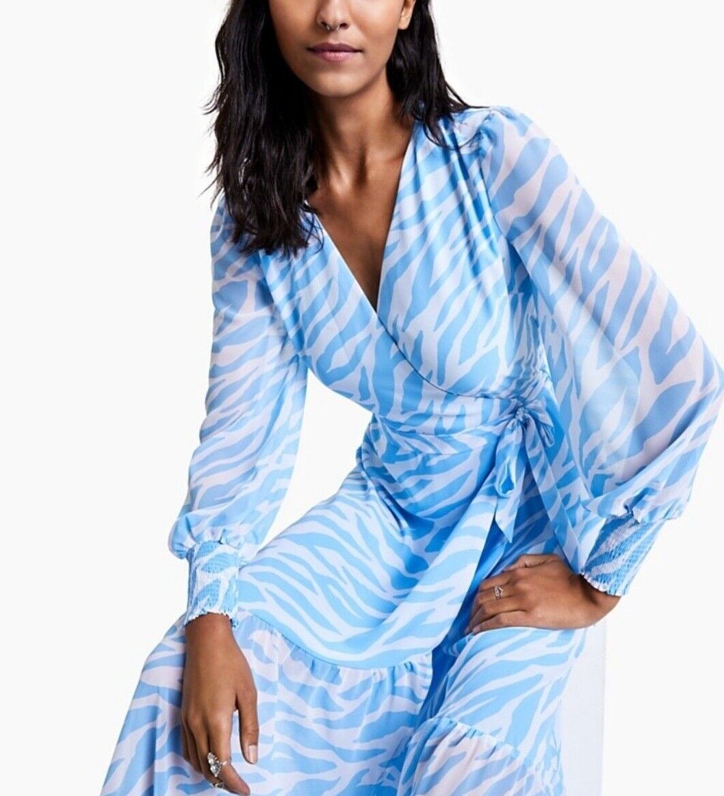 Women's Tiger Dusk Blue Print Wrap Maxi Dress Long Sleeve