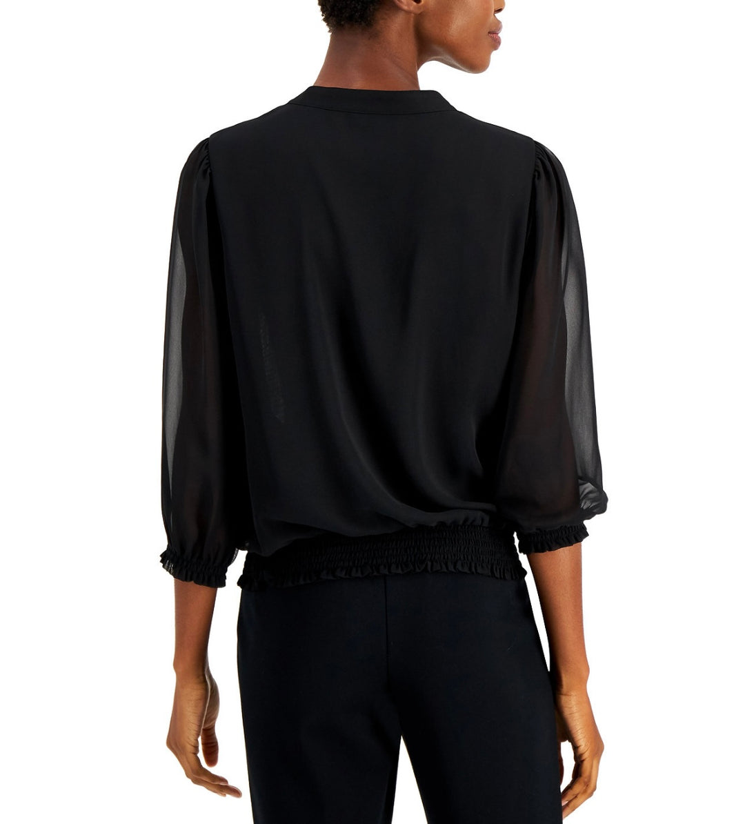 Alfani Women's 3/4 Sleeve Smocked V-Neck Top Black Size S
