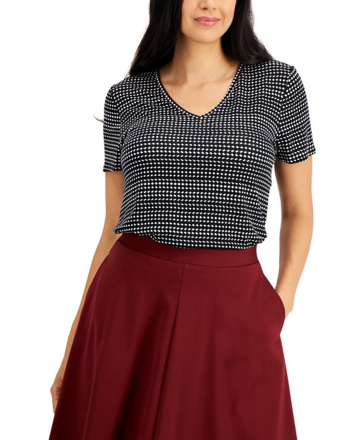 Alfani Women's Short Sleeve V-Neck T-Shirt Black Talla Geometric Size L