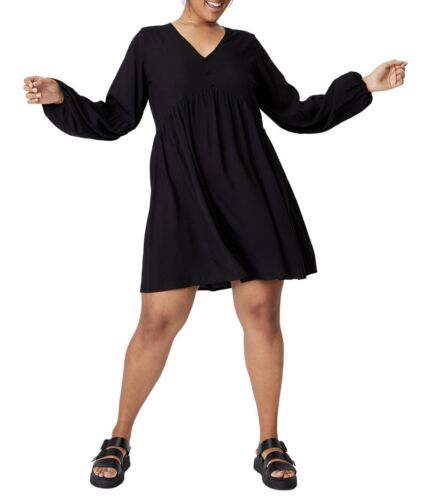 Plus Size Trendy Woven Linda Long Sleeve Mini Dress Black V-Neck