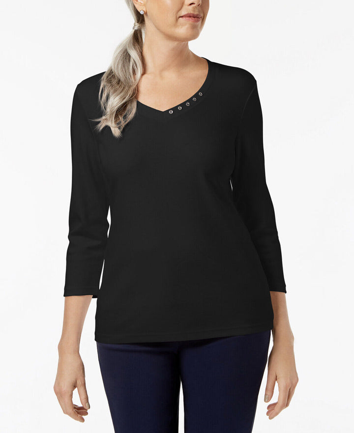 Women's Cotton V-Neck Button-Trim Top