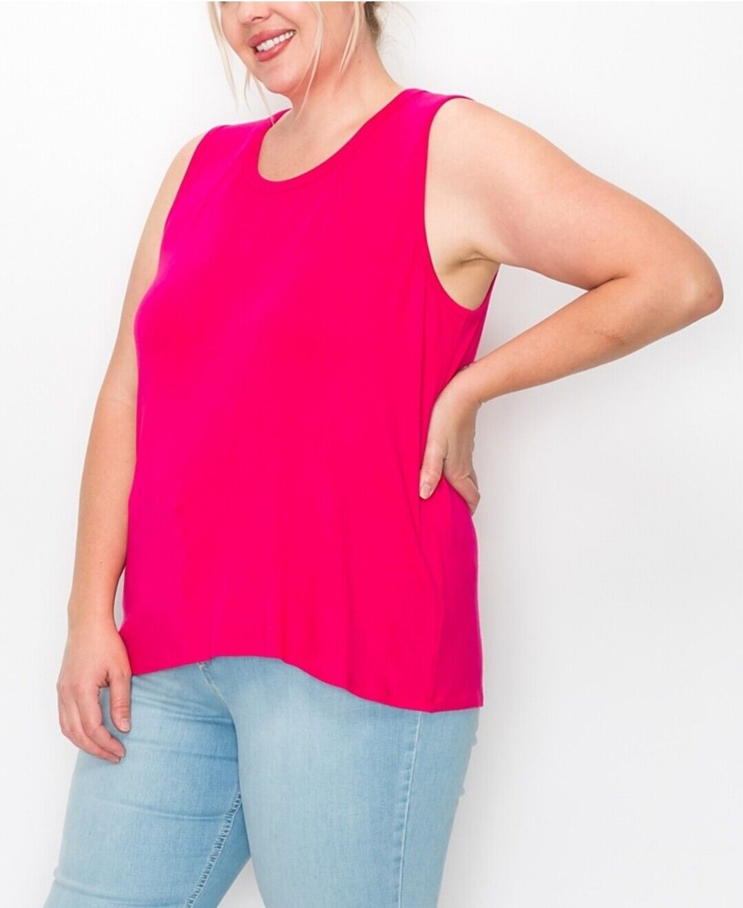 Women's Plus Size Scoop Neck Swing Tank Top Hot Pink Sleeveless