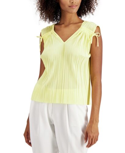 Women's Petite Pleated Ruched Top Sleeveless V-Neck