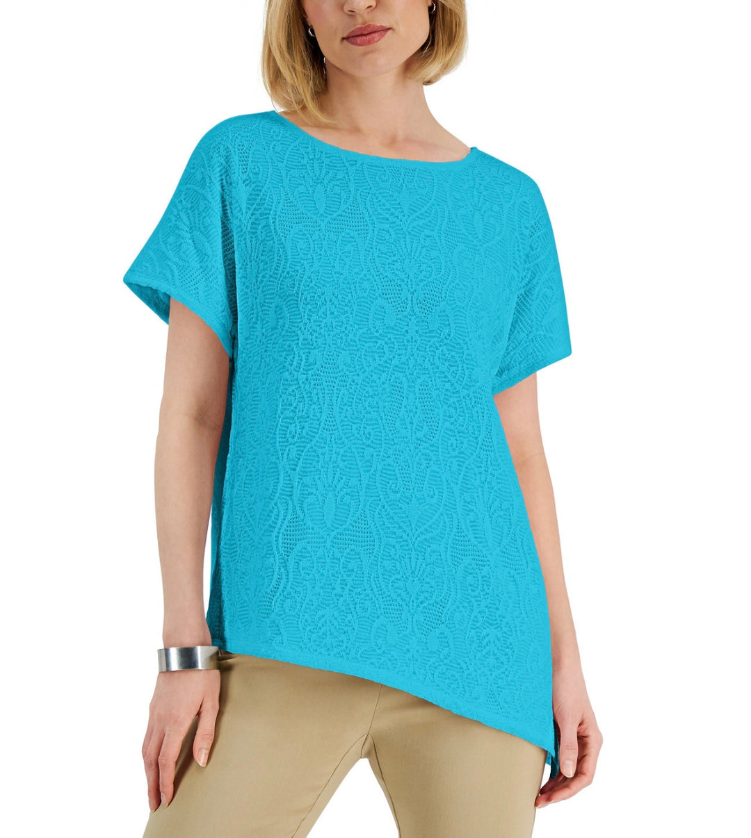 JM Collection Women's Scoop Neckline Crochet Asymmetrical-Hem Top Seafoam Blue