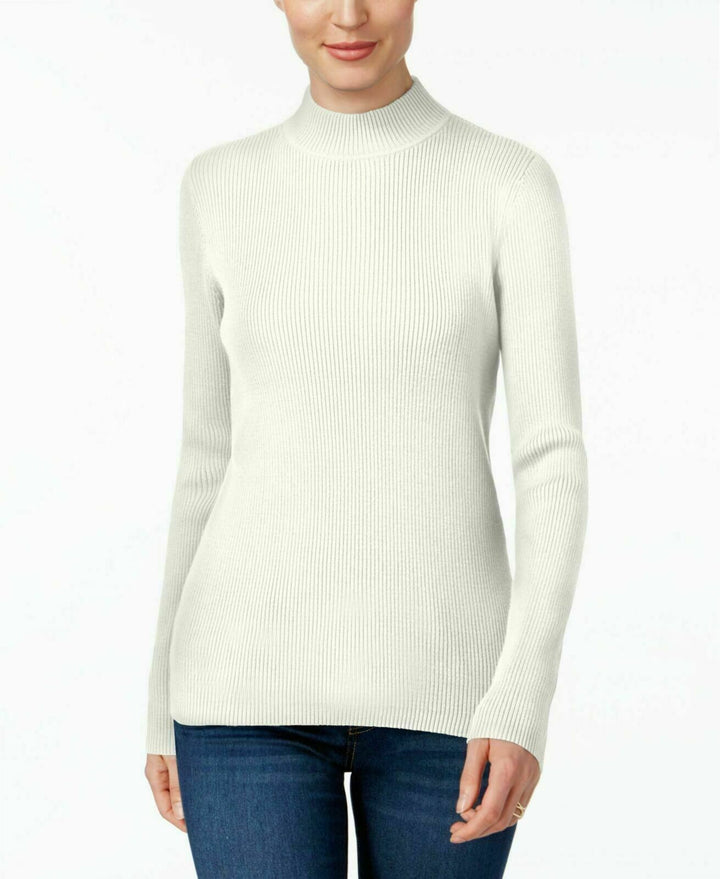 Karen Scott Women's Cotton Ribbed Mock-Neck Sweater Winter White Size XXL