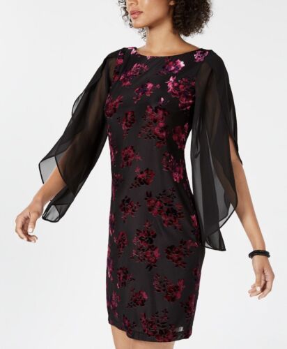 Women's Floral Velvet Sheath Dress Chiffon Sleeves