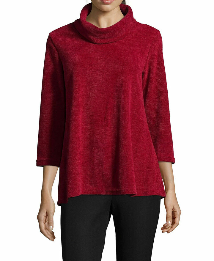 John Paul Richard Women's Chenille Cowl Neck Sweater Red 3/4 Sleeve Size S