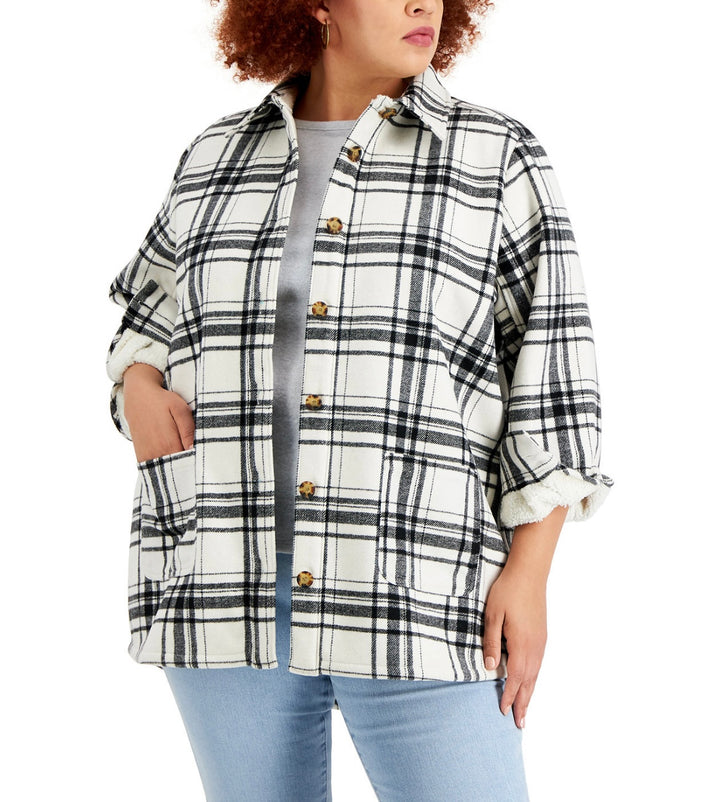 Style & Co. Women's Plaid Shirt Jacket Ivory Black Plaid Plus Size 1X