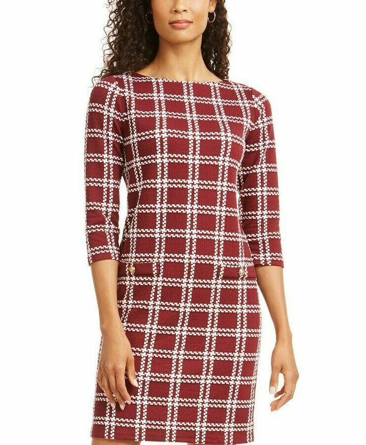 Women's Textured Plaid Dress 3/4 Sleeve