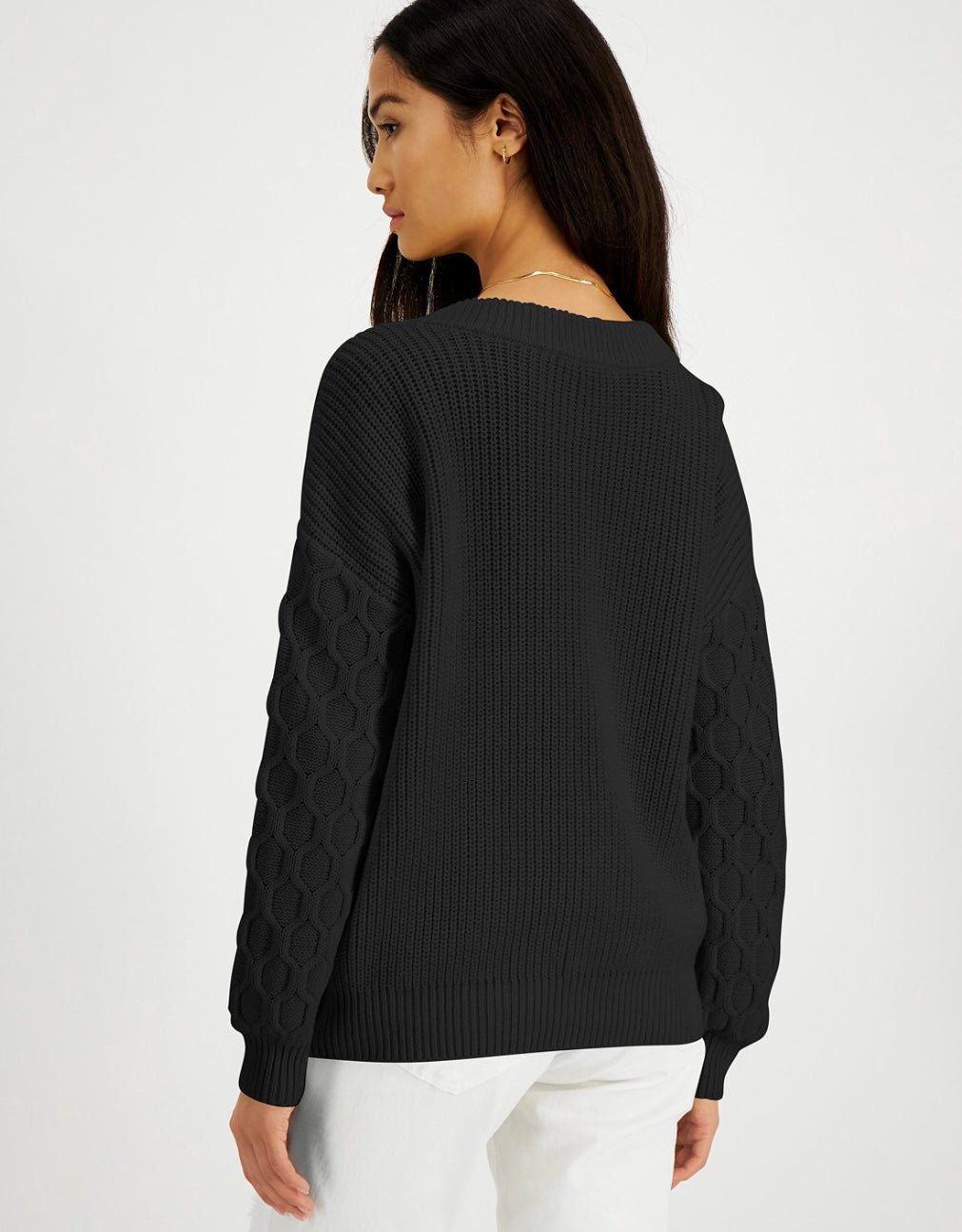INC International Concepts Women's Honeycomb-Sleeve Sweater Deep Black Size XS