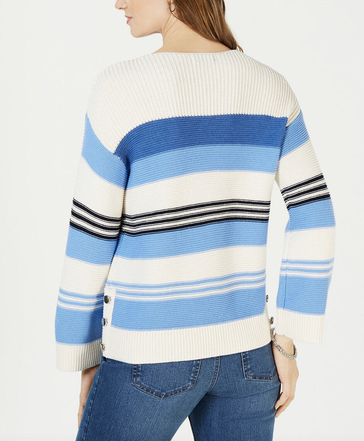 Women's Striped Button-Trim Boat Neck Sweater