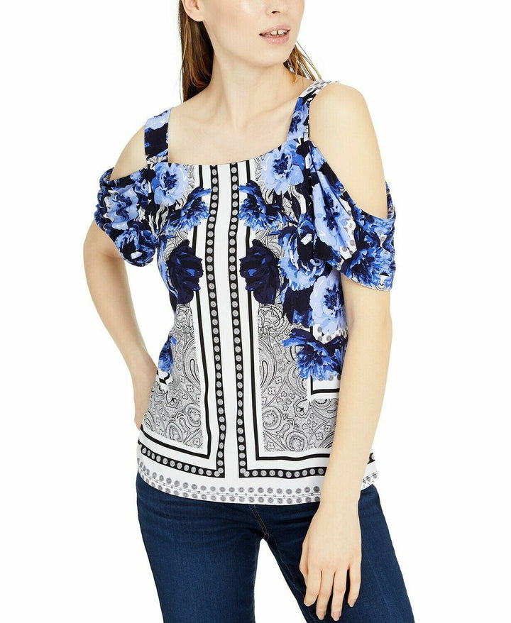 Women's Petite Printed Cold-Shoulder Top