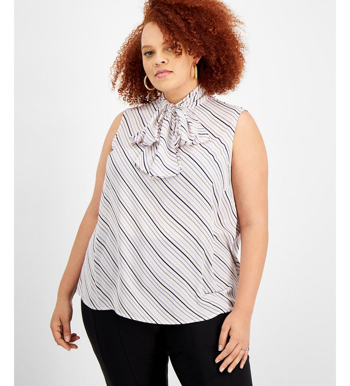 Bar III Women's Plus Size Bias Striped Tie-Neck Blouse White Combo